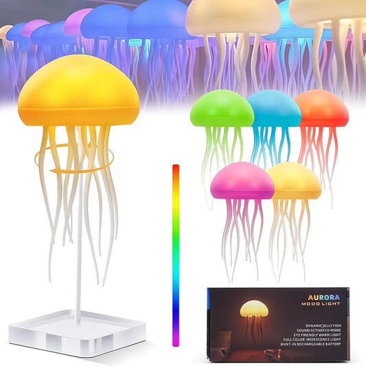 LED Jellyfish Lamp With Moving Tentacles & Base, 72 Gradient RGB Colors, USB Rechargeable, Voice & Button Controlled Night Light, Modern Desk Decor