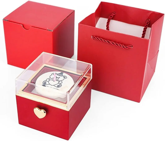 Ring Bearer Box, Bear Birthday Cake Surprise Flip Ring Box Automatic One-Click Instant Rotation Magic Bounce Necklace Gift Box Large Cake Box(Red)