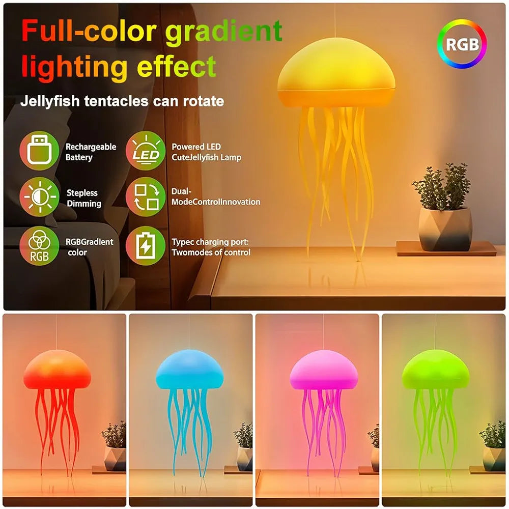 LED Jellyfish Lamp With Moving Tentacles & Base, 72 Gradient RGB Colors, USB Rechargeable, Voice & Button Controlled Night Light, Modern Desk Decor