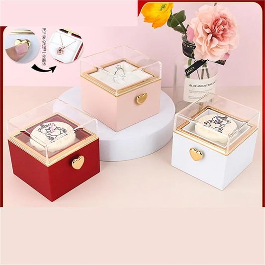Ring Bearer Box, Bear Birthday Cake Surprise Flip Ring Box Automatic One-Click Instant Rotation Magic Bounce Necklace Gift Box Large Cake Box(Red)