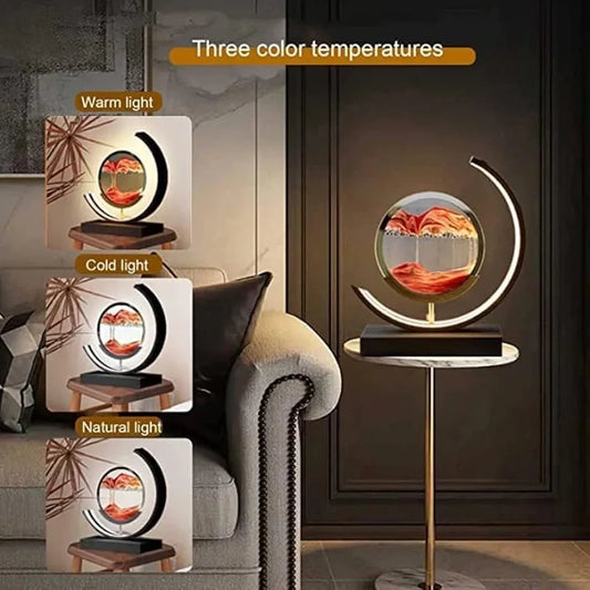 Quicksand Led Table Lamp Art Picture Glass Liquid Painting 3D Natural Landscape Showpiece Art Home Decor Antique Gifts for Office Decoration Party Gift  (Black)