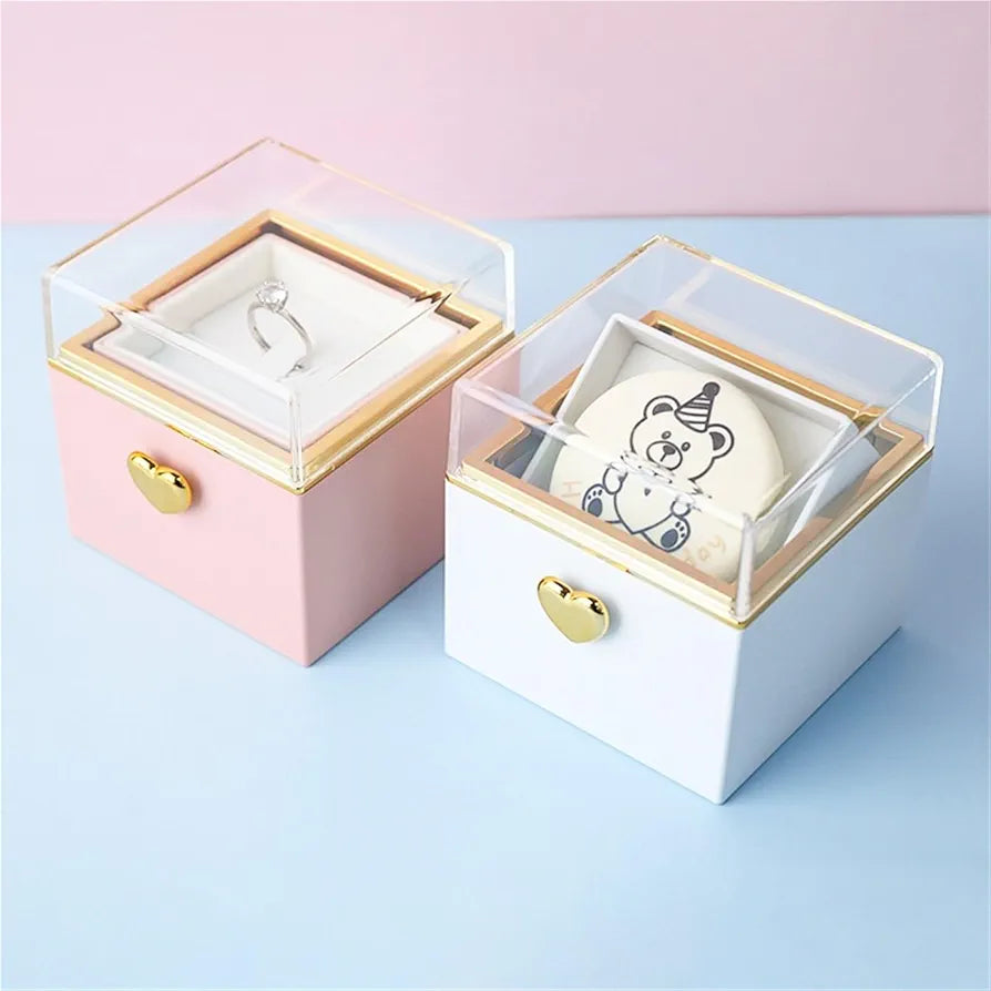 Ring Bearer Box, Bear Birthday Cake Surprise Flip Ring Box Automatic One-Click Instant Rotation Magic Bounce Necklace Gift Box Large Cake Box(Red)
