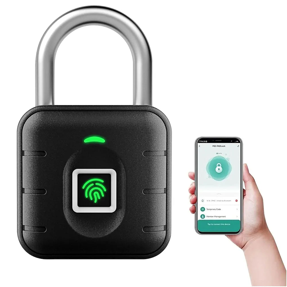 Smart Biometric Padlock With 2-Way Access: Fingerprint, Mobile App, IP67 Waterproof for Doors, Bags, Suitcase, Garage, Cabinet, Warehouse & Shutter (Small),  Black