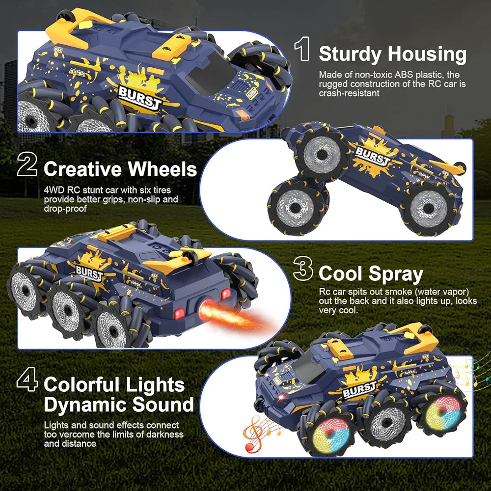Remote Control Car for Kids, RC Stunt Car with Hand Gesture Sensing Toy Cars Spray Fog Steam 2.4GHz 4WD RC Cars with Light Music Remote Control Car for Boys Girls 8 9 10 11 12+ Year Yellow