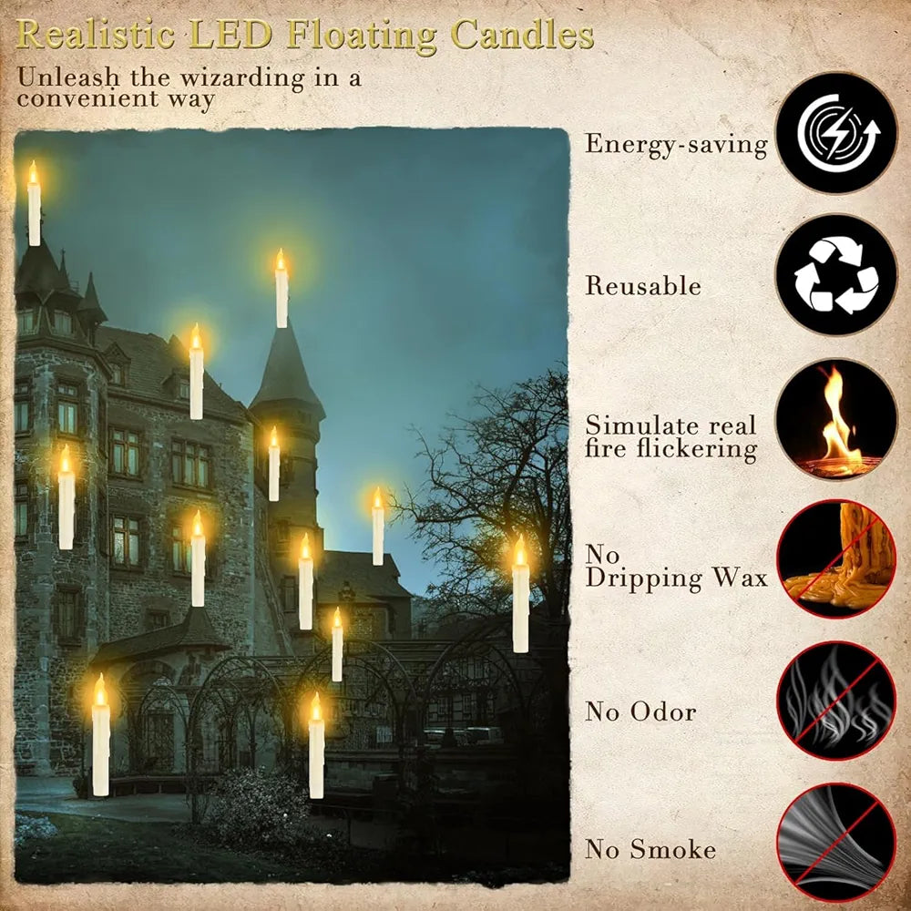 Halloween Decorations - Floating Candles with Wand, 12 Pcs Flameless Candles with Warm Light Flickering, Witch Wizard Christmas Decor for Indoor Home Room  Classroom Bedroom Birthday Party