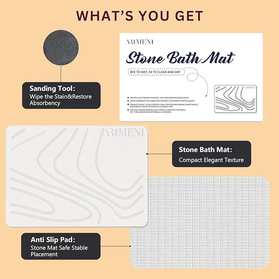 The Artment your artistic apartment TerraDry Stone Bathroom Diatomaceous Earth Shower Mat, Non-Slip Super Absorbent Quick Drying Bathroom Mat | Natural & Easy to Clean (Regular) (35 X 45 CM)