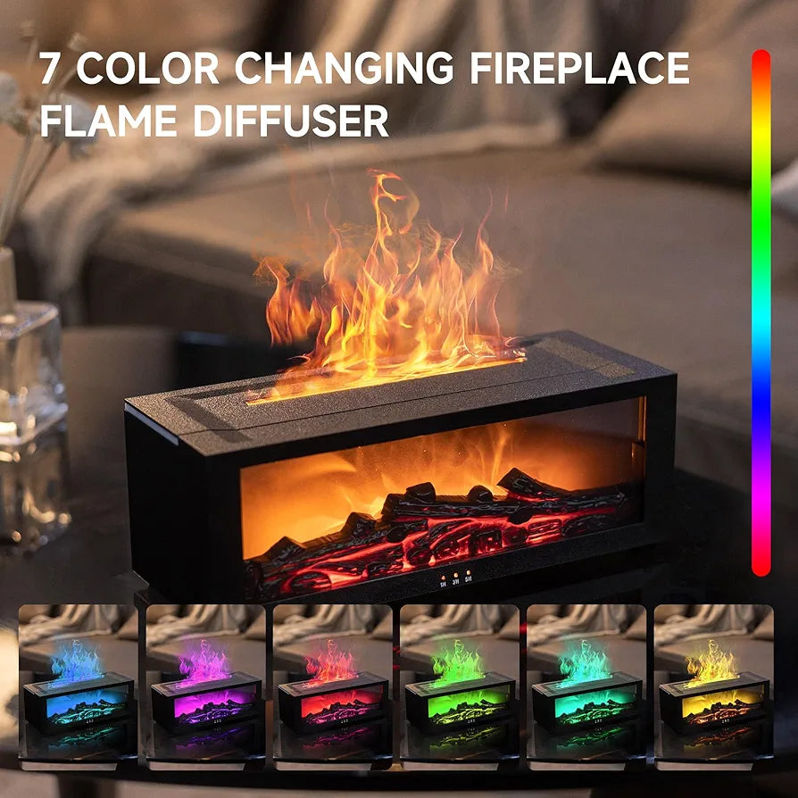 Fireplace Flame Air Diffuser Humidifier, 7 Colors Aromatherapy Essential Oil Diffuser, Ultrasonic Aroma Humidifier with Timer for Home, Bedroom, Office, Yoga (BlackB, L)
