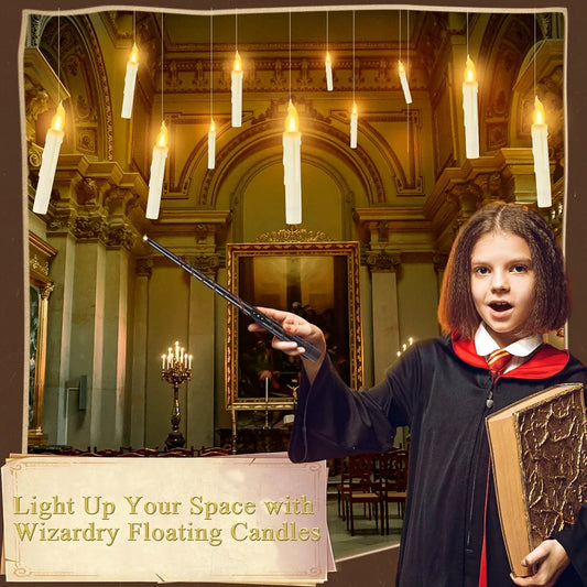 Halloween Decorations - Floating Candles with Wand, 12 Pcs Flameless Candles with Warm Light Flickering, Witch Wizard Christmas Decor for Indoor Home Room  Classroom Bedroom Birthday Party