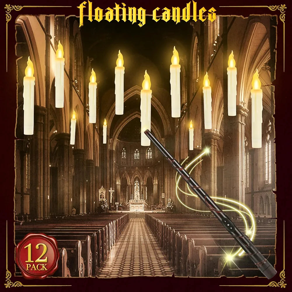 Halloween Decorations - Floating Candles with Wand, 12 Pcs Flameless Candles with Warm Light Flickering, Witch Wizard Christmas Decor for Indoor Home Room  Classroom Bedroom Birthday Party