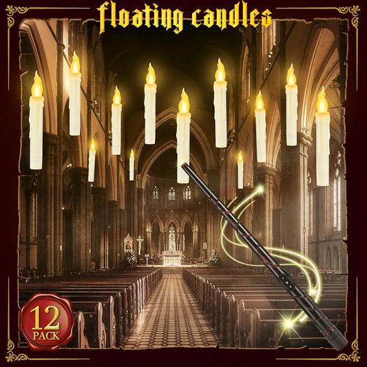 Halloween Decorations - Floating Candles with Wand, 12 Pcs Flameless Candles with Warm Light Flickering, Witch Wizard Christmas Decor for Indoor Home Room  Classroom Bedroom Birthday Party