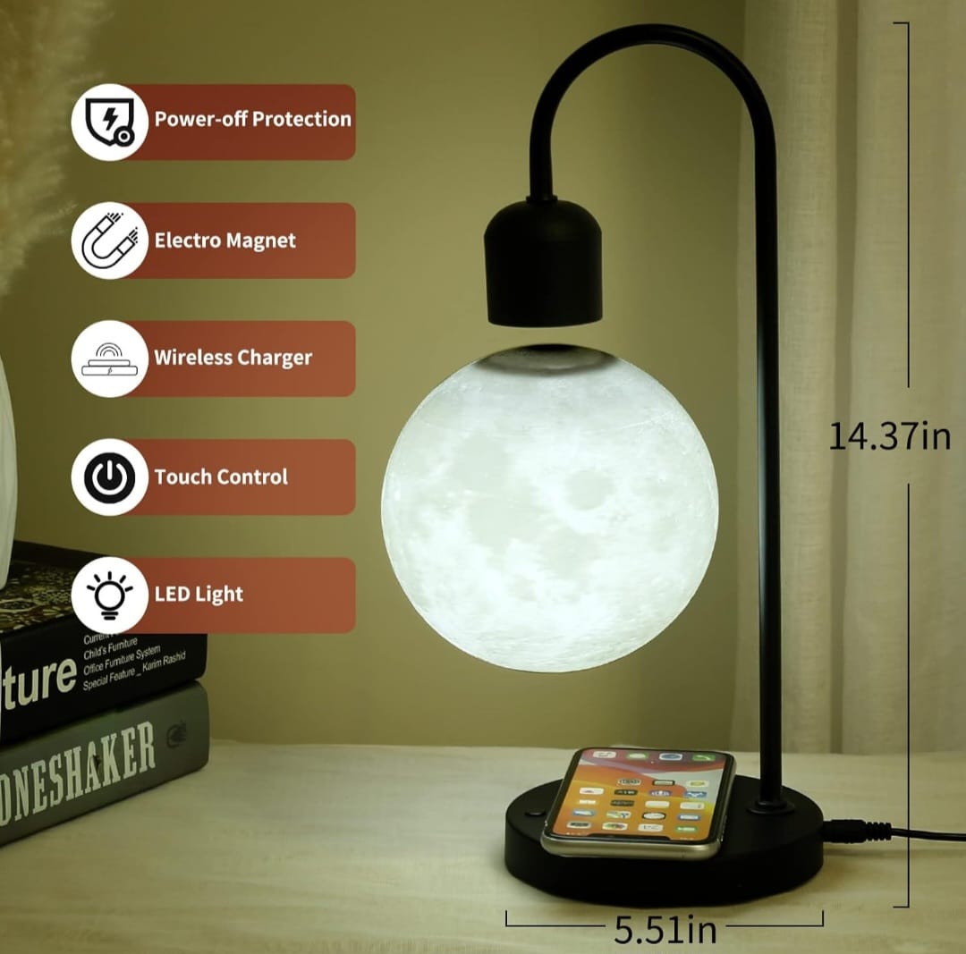 Floating Moon Lamp with Wireless Phone Charger & LED Levitating Ball in The Air Freely Unique Magnetic Cloud Desk Lamp with Cool Night Light, Home Office Decor & Gift for Friends Families