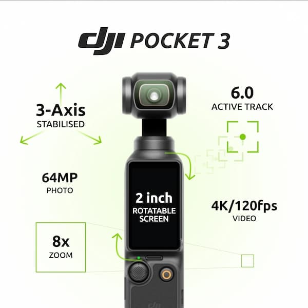 DJI Osmo Pocket 3, Vlogging Camera with 1'' CMOS & 4K/120fps Video, 3-Axis Stabilization, Fast Focusing, Face/Object Tracking, 2" Rotatable Touchscreen, Small Video Camera for Photography, YouTube