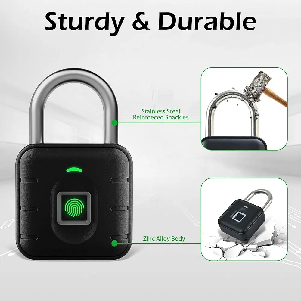 Smart Biometric Padlock With 2-Way Access: Fingerprint, Mobile App, IP67 Waterproof for Doors, Bags, Suitcase, Garage, Cabinet, Warehouse & Shutter (Small),  Black