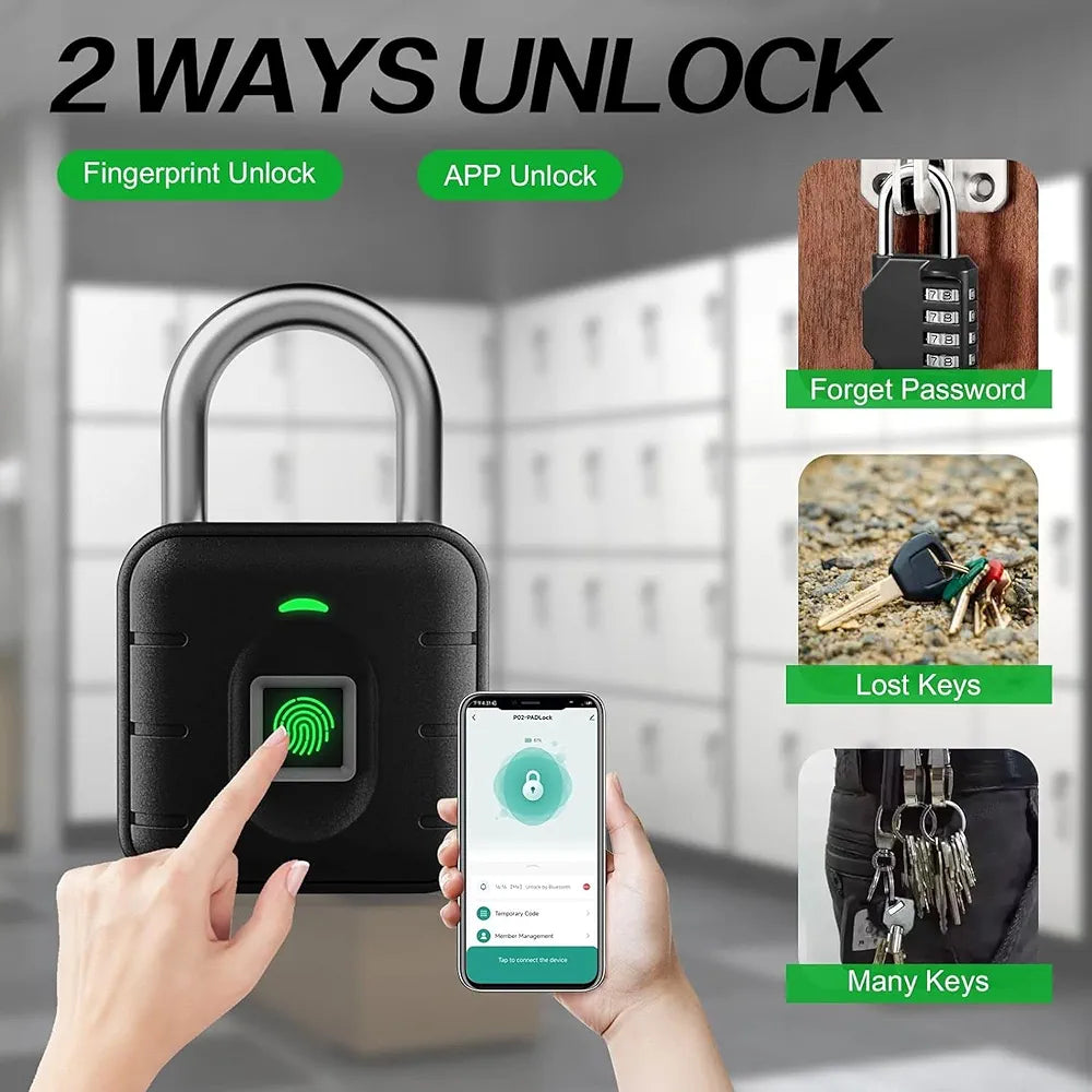 Smart Biometric Padlock With 2-Way Access: Fingerprint, Mobile App, IP67 Waterproof for Doors, Bags, Suitcase, Garage, Cabinet, Warehouse & Shutter (Small),  Black